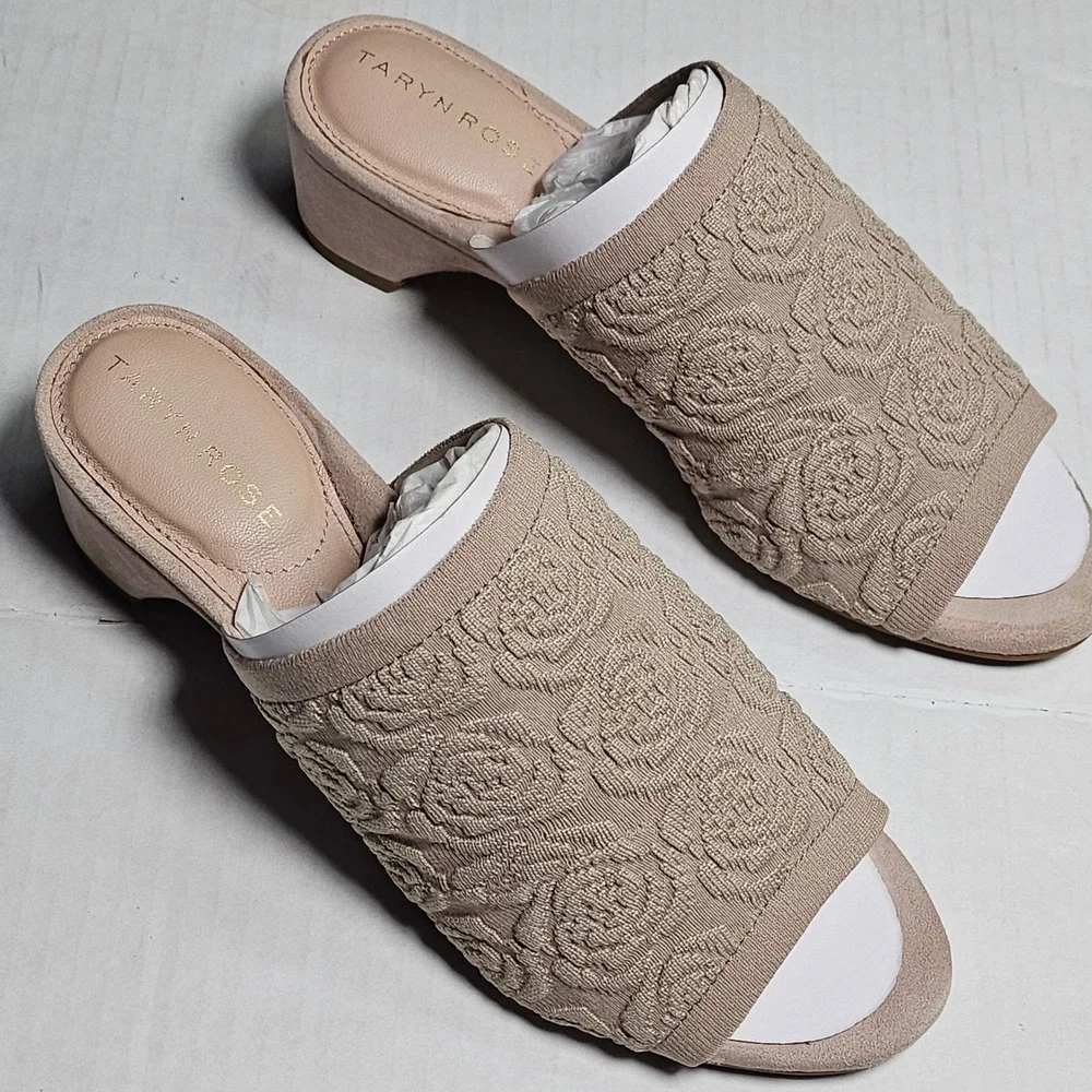 Taryn‎ Rose Nancy Knit Ceramic Beige Floral Textured Slide Mules 34TR0335 5.5M